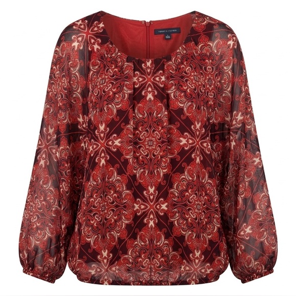Tommy Hilfiger Tops - Tommy‎ Hilfiger Paisley Print Chiffon Blouse XL Red Navy Boho Top Bubble